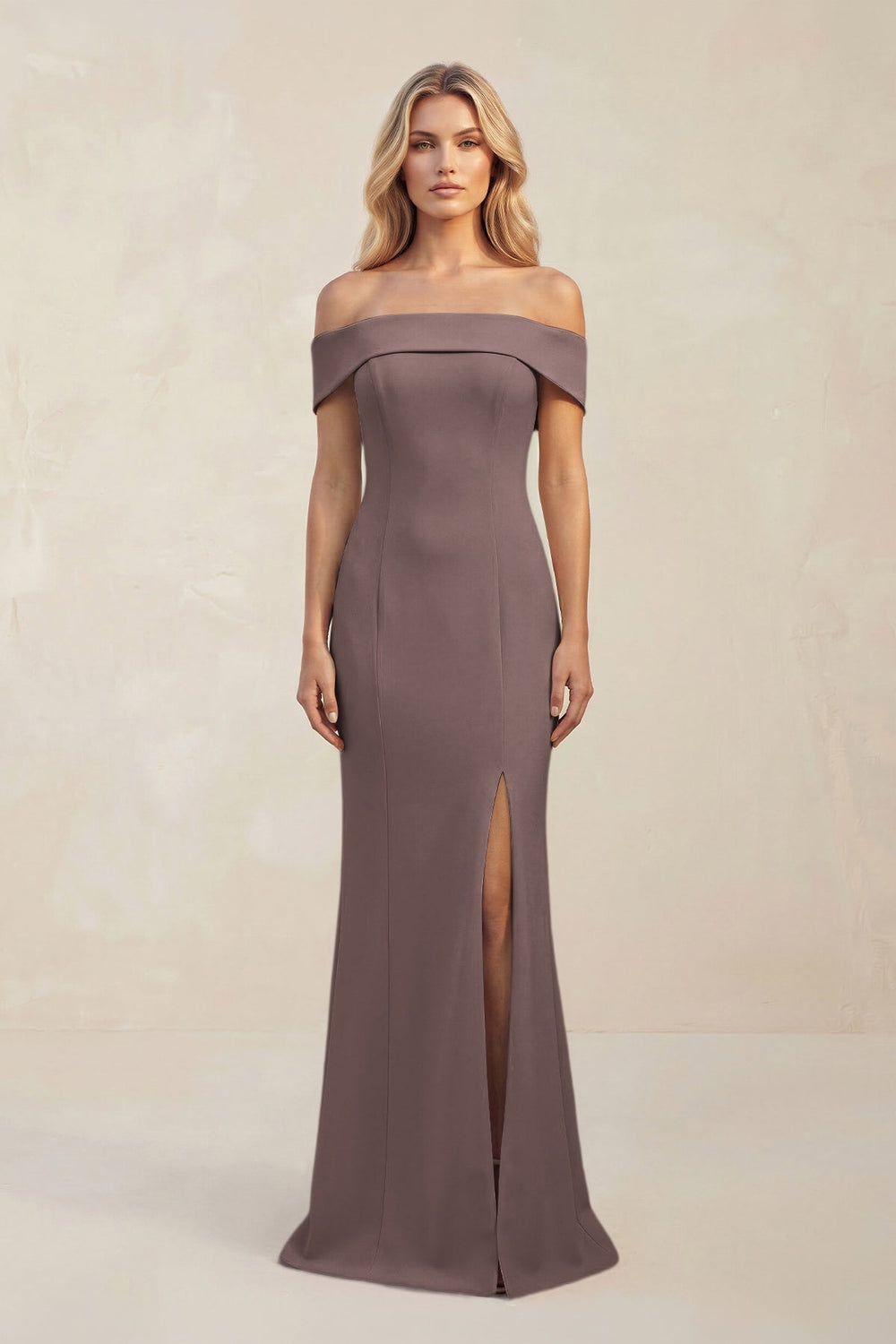 Sheath Off - the - Shoulder Satin Bridesmaid Dress With Slit in Espresso - KissProm Bridesmaid Dresses