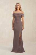 Sheath Off - the - Shoulder Satin Bridesmaid Dress With Slit in Espresso - KissProm Bridesmaid Dresses