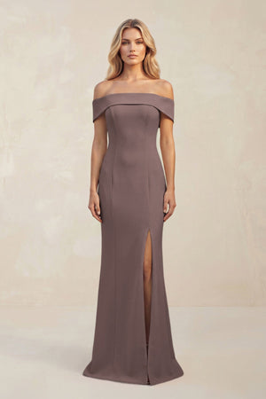 Sheath Off - the - Shoulder Satin Bridesmaid Dress With Slit in Espresso - KissProm Bridesmaid Dresses