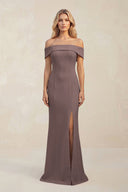 Sheath Off - the - Shoulder Satin Bridesmaid Dress With Slit in Espresso - KissProm Bridesmaid Dresses