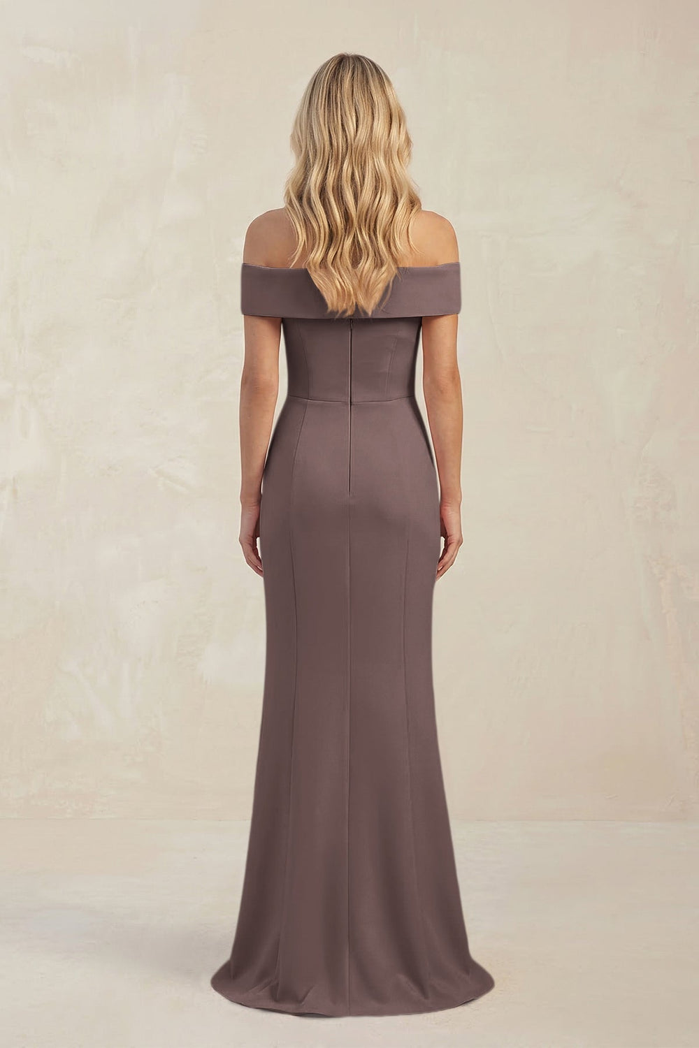 Sheath Off - the - Shoulder Satin Bridesmaid Dress With Slit in Espresso - KissProm Bridesmaid Dresses