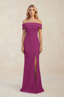 Sheath Off - the - Shoulder Satin Bridesmaid Dress With Slit in Fig - KissProm Bridesmaid Dresses