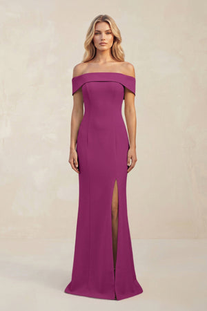 Sheath Off - the - Shoulder Satin Bridesmaid Dress With Slit in Fig - KissProm Bridesmaid Dresses
