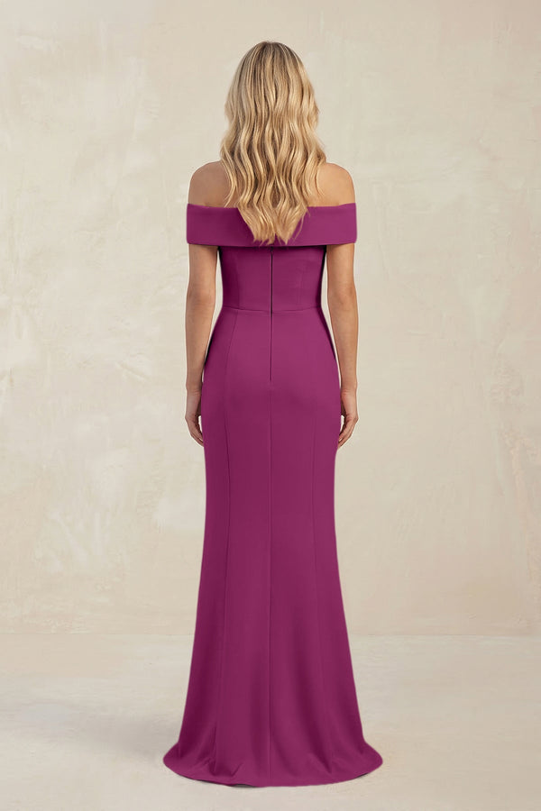 Sheath Off - the - Shoulder Satin Bridesmaid Dress With Slit in Fig - KissProm Bridesmaid Dresses