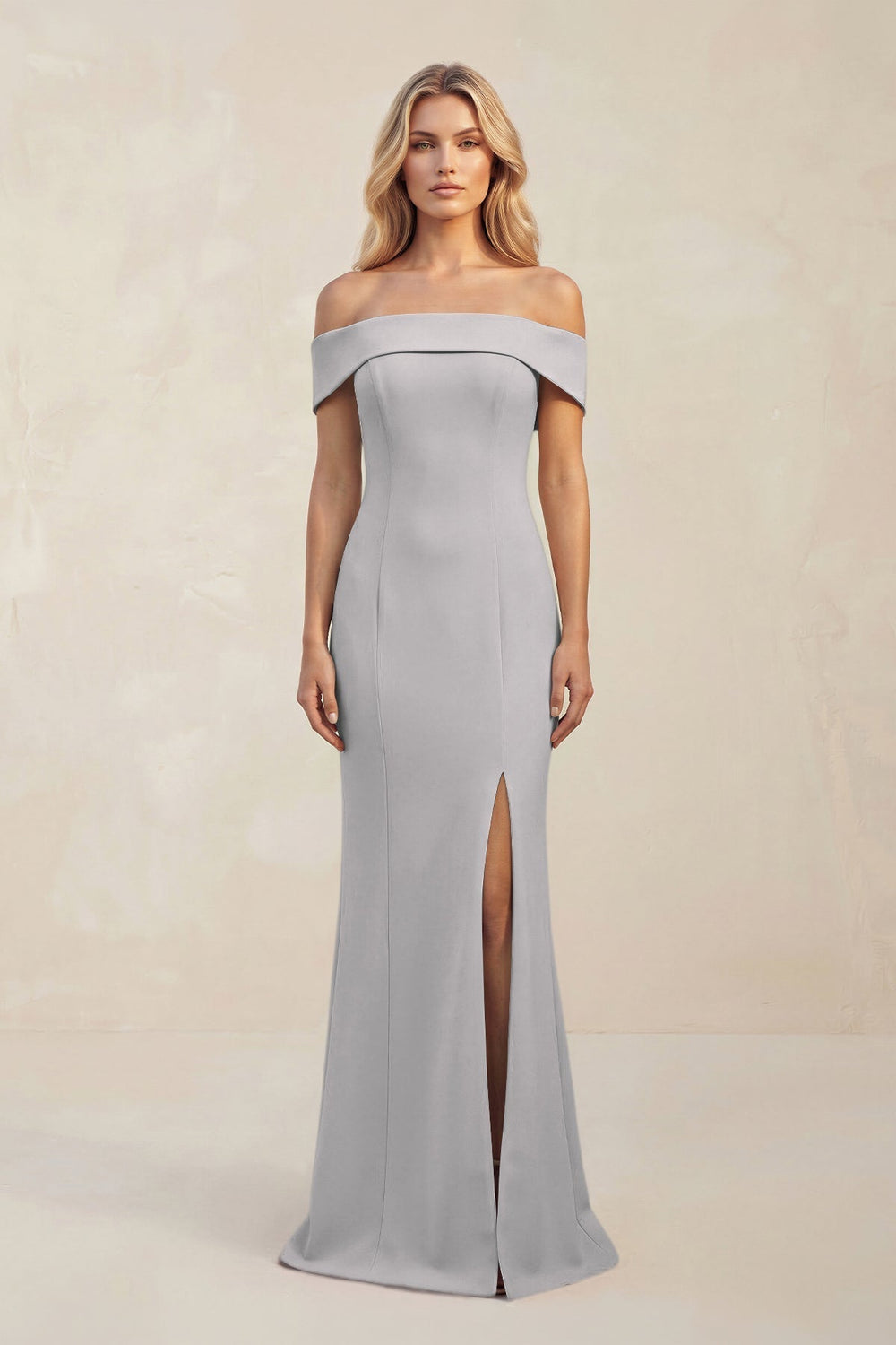 Sheath Off - the - Shoulder Satin Bridesmaid Dress With Slit in Frost - KissProm Bridesmaid Dresses