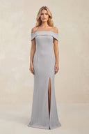 Sheath Off - the - Shoulder Satin Bridesmaid Dress With Slit in Frost - KissProm Bridesmaid Dresses