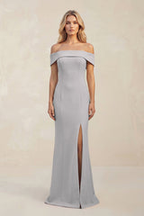Sheath Off - the - Shoulder Satin Bridesmaid Dress With Slit in Frost - KissProm Bridesmaid Dresses