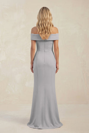 Sheath Off - the - Shoulder Satin Bridesmaid Dress With Slit in Frost - KissProm Bridesmaid Dresses
