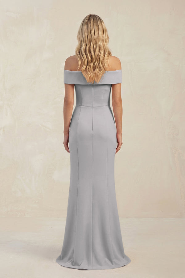 Sheath Off - the - Shoulder Satin Bridesmaid Dress With Slit in Frost - KissProm Bridesmaid Dresses