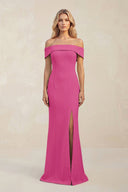 Sheath Off - the - Shoulder Satin Bridesmaid Dress With Slit in Fuchsia - KissProm Bridesmaid Dresses