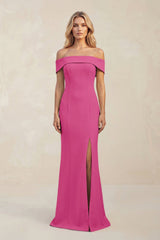 Sheath Off - the - Shoulder Satin Bridesmaid Dress With Slit in Fuchsia - KissProm Bridesmaid Dresses