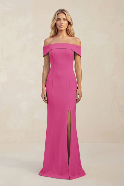 Sheath Off - the - Shoulder Satin Bridesmaid Dress With Slit in Fuchsia - KissProm Bridesmaid Dresses