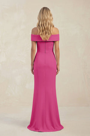 Sheath Off - the - Shoulder Satin Bridesmaid Dress With Slit in Fuchsia - KissProm Bridesmaid Dresses