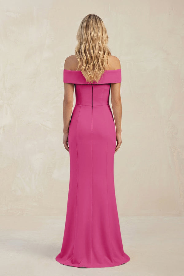 Sheath Off - the - Shoulder Satin Bridesmaid Dress With Slit in Fuchsia - KissProm Bridesmaid Dresses