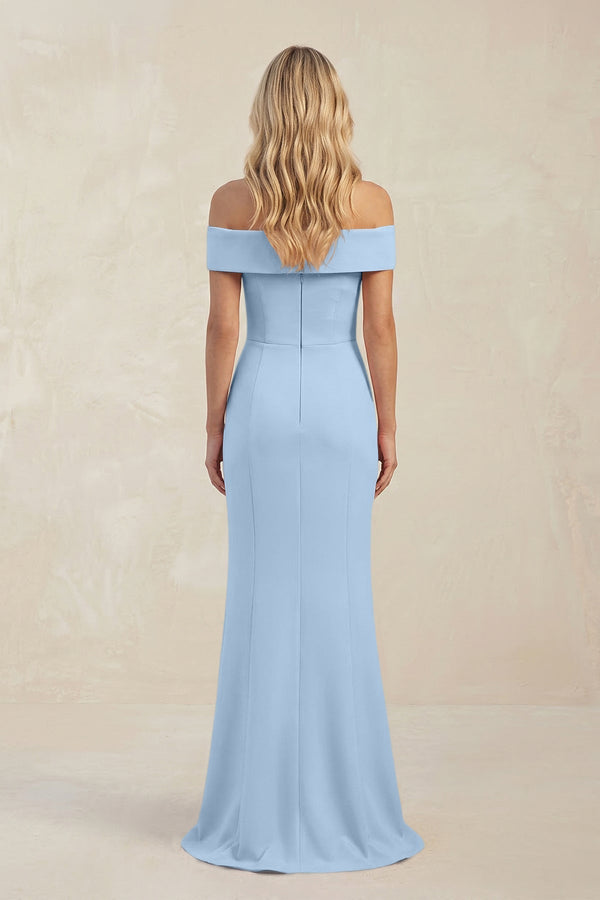 Sheath Off - the - Shoulder Satin Bridesmaid Dress With Slit in Ice - KissProm Bridesmaid Dresses