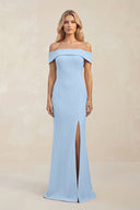 Sheath Off - the - Shoulder Satin Bridesmaid Dress With Slit in Ice - KissProm Bridesmaid Dresses