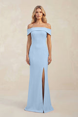 Sheath Off - the - Shoulder Satin Bridesmaid Dress With Slit in Ice - KissProm Bridesmaid Dresses