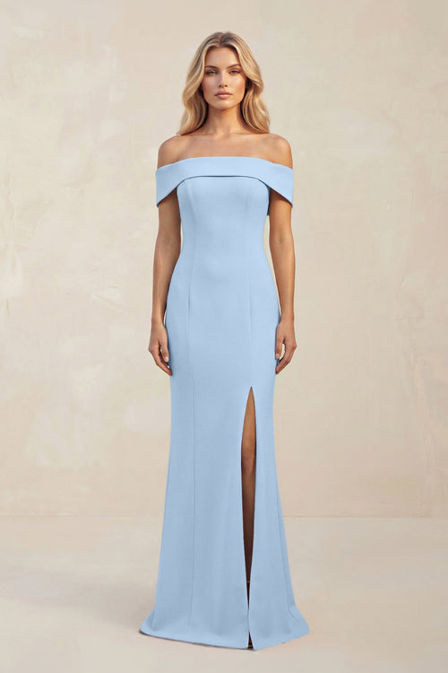 Sheath Off - the - Shoulder Satin Bridesmaid Dress With Slit in Ice - KissProm Bridesmaid Dresses