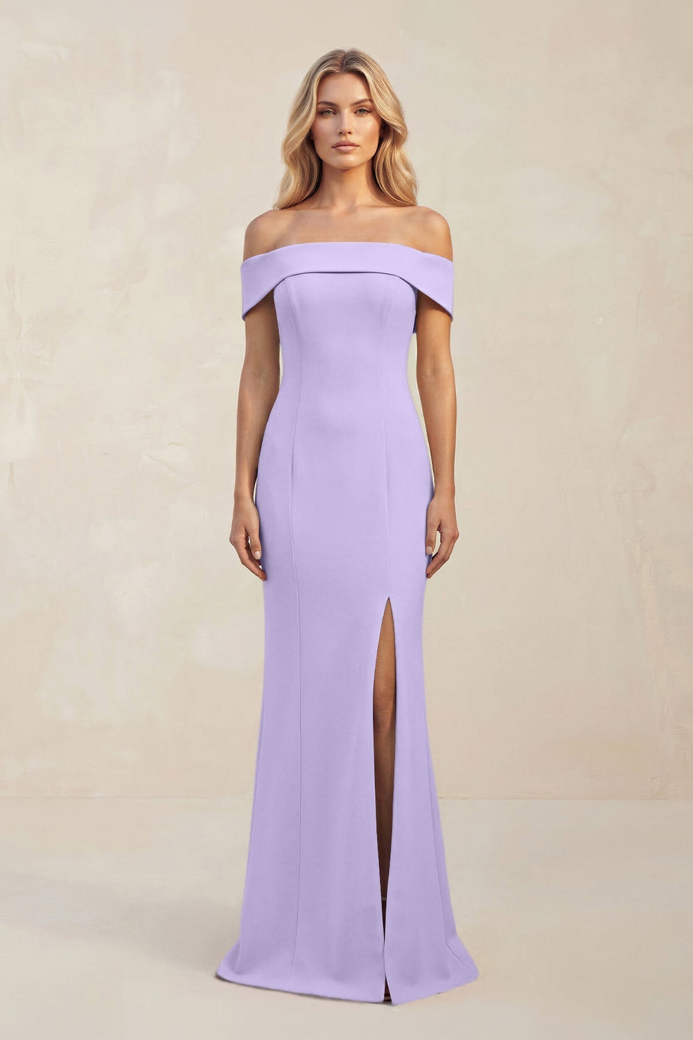 Sheath Off - the - Shoulder Satin Bridesmaid Dress With Slit in Lavender - KissProm Bridesmaid Dresses