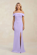 Sheath Off - the - Shoulder Satin Bridesmaid Dress With Slit in Lavender - KissProm Bridesmaid Dresses