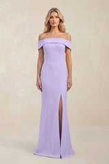 Sheath Off - the - Shoulder Satin Bridesmaid Dress With Slit in Lavender - KissProm Bridesmaid Dresses