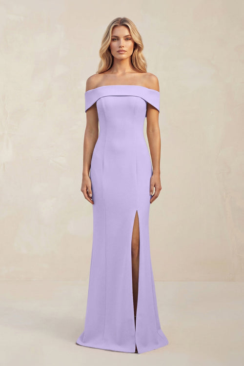 Sheath Off - the - Shoulder Satin Bridesmaid Dress With Slit in Lavender - KissProm Bridesmaid Dresses