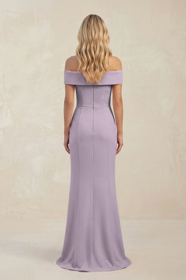 Sheath Off - the - Shoulder Satin Bridesmaid Dress With Slit in Lavender Grey - KissProm Bridesmaid Dresses