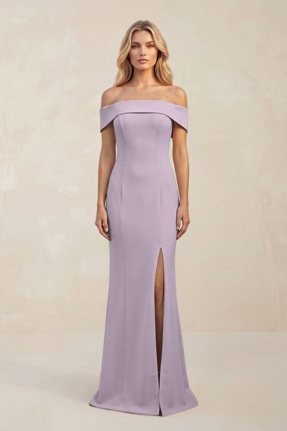 Sheath Off - the - Shoulder Satin Bridesmaid Dress With Slit in Lavender Grey - KissProm Bridesmaid Dresses