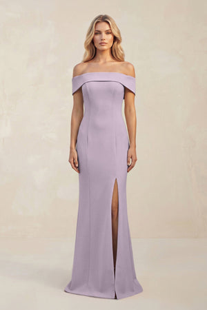 Sheath Off - the - Shoulder Satin Bridesmaid Dress With Slit in Lavender Grey - KissProm Bridesmaid Dresses