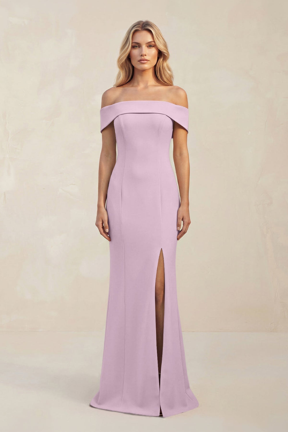 Sheath Off - the - Shoulder Satin Bridesmaid Dress With Slit in Lilac - KissProm Bridesmaid Dresses