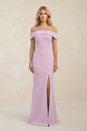 Sheath Off - the - Shoulder Satin Bridesmaid Dress With Slit in Lilac - KissProm Bridesmaid Dresses
