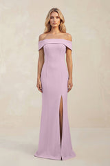 Sheath Off - the - Shoulder Satin Bridesmaid Dress With Slit in Lilac - KissProm Bridesmaid Dresses