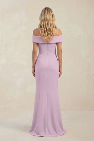 Sheath Off - the - Shoulder Satin Bridesmaid Dress With Slit in Lilac - KissProm Bridesmaid Dresses
