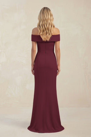 Sheath Off - the - Shoulder Satin Bridesmaid Dress With Slit in Magenta - KissProm Bridesmaid Dresses