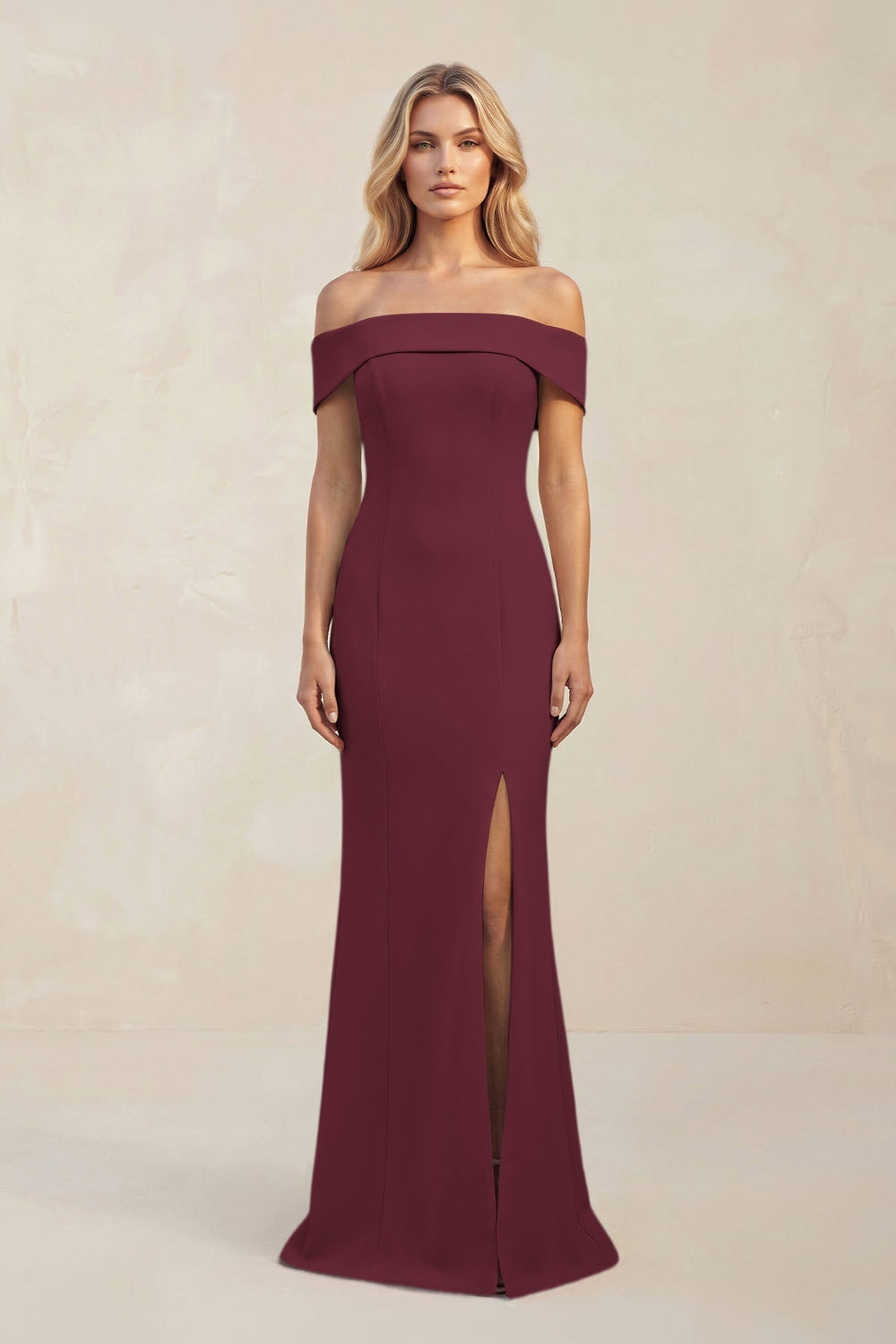 Sheath Off - the - Shoulder Satin Bridesmaid Dress With Slit in Magenta - KissProm Bridesmaid Dresses