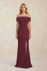 Sheath Off - the - Shoulder Satin Bridesmaid Dress With Slit in Magenta - KissProm Bridesmaid Dresses