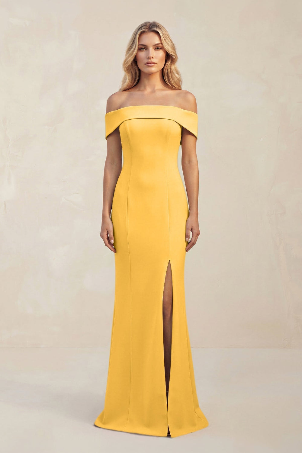 Sheath Off - the - Shoulder Satin Bridesmaid Dress With Slit in Marigold - KissProm Bridesmaid Dresses