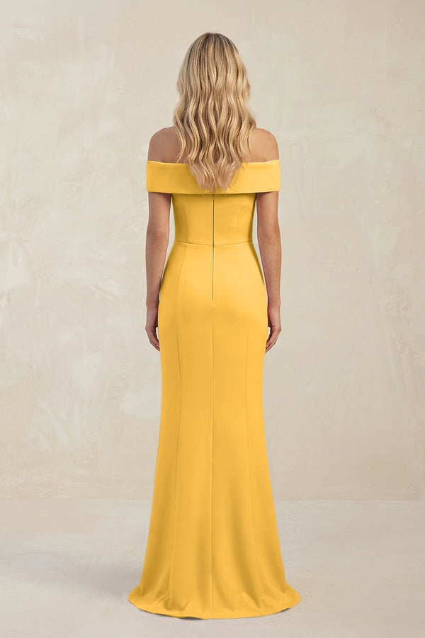 Sheath Off - the - Shoulder Satin Bridesmaid Dress With Slit in Marigold - KissProm Bridesmaid Dresses