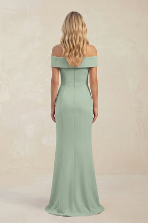 Sheath Off - the - Shoulder Satin Bridesmaid Dress With Slit in Matcha - KissProm Bridesmaid Dresses