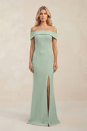 Sheath Off - the - Shoulder Satin Bridesmaid Dress With Slit in Matcha - KissProm Bridesmaid Dresses