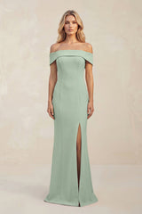 Sheath Off - the - Shoulder Satin Bridesmaid Dress With Slit in Matcha - KissProm Bridesmaid Dresses