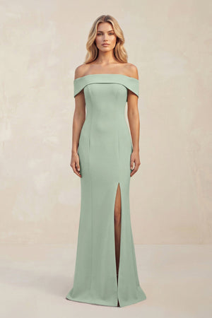 Sheath Off - the - Shoulder Satin Bridesmaid Dress With Slit in Matcha - KissProm Bridesmaid Dresses