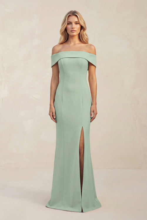 Sheath Off - the - Shoulder Satin Bridesmaid Dress With Slit in Matcha - KissProm Bridesmaid Dresses