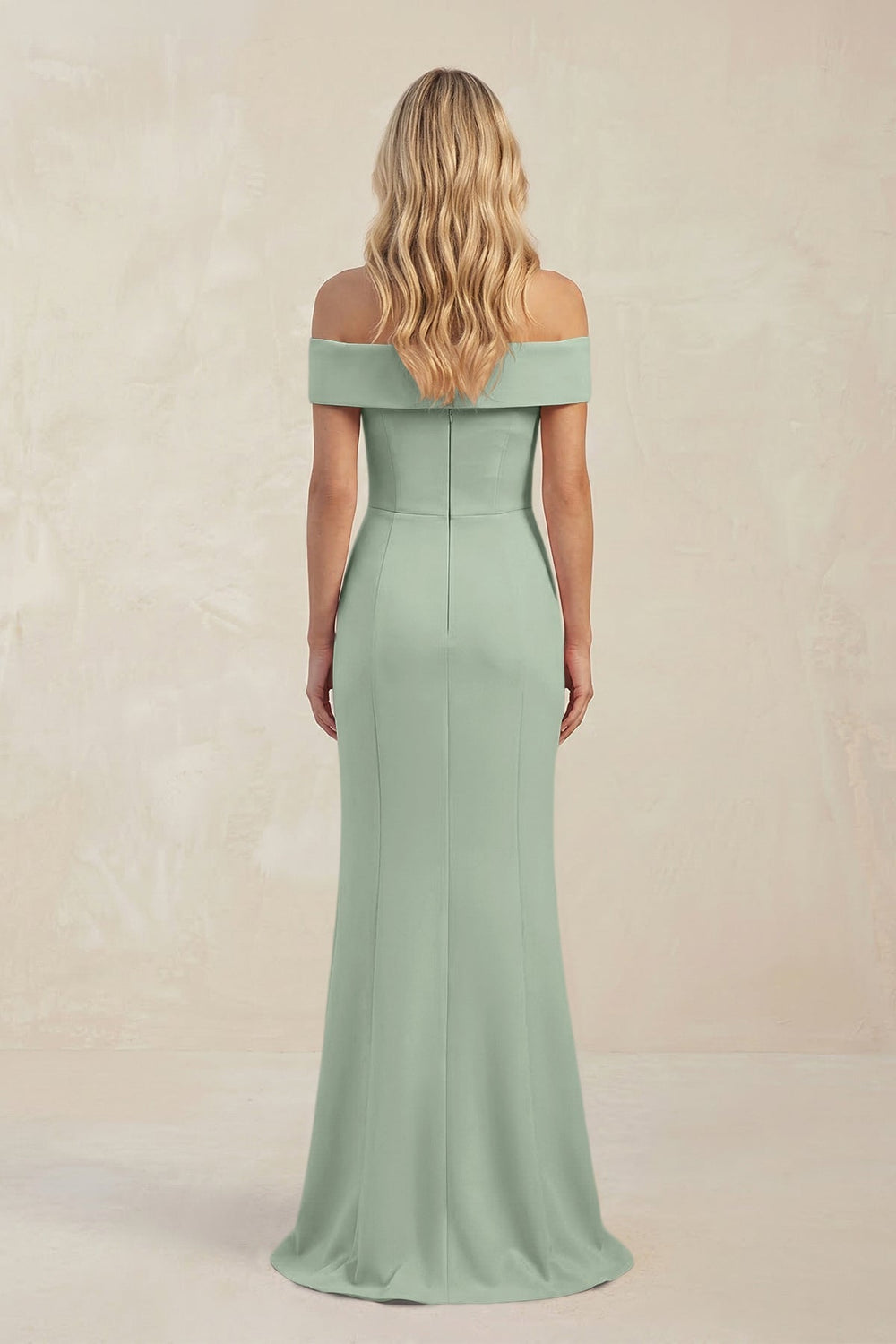 Sheath Off - the - Shoulder Satin Bridesmaid Dress With Slit in Matcha - KissProm Bridesmaid Dresses