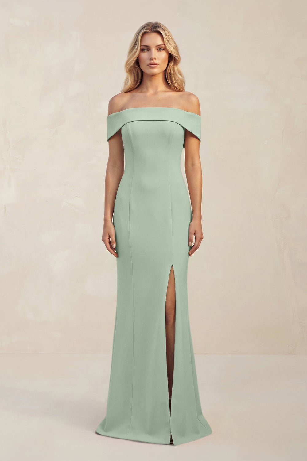 Sheath Off - the - Shoulder Satin Bridesmaid Dress With Slit in Matcha - KissProm Bridesmaid Dresses