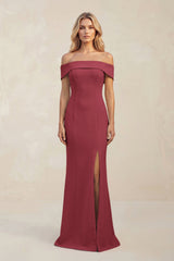 Sheath Off - the - Shoulder Satin Bridesmaid Dress With Slit in Merlot - KissProm Bridesmaid Dresses