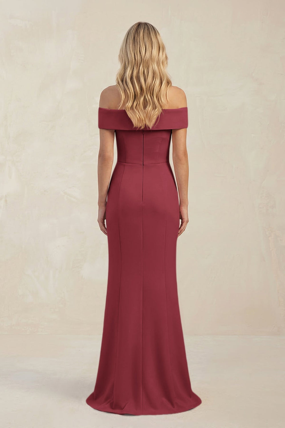 Sheath Off - the - Shoulder Satin Bridesmaid Dress With Slit in Merlot - KissProm Bridesmaid Dresses