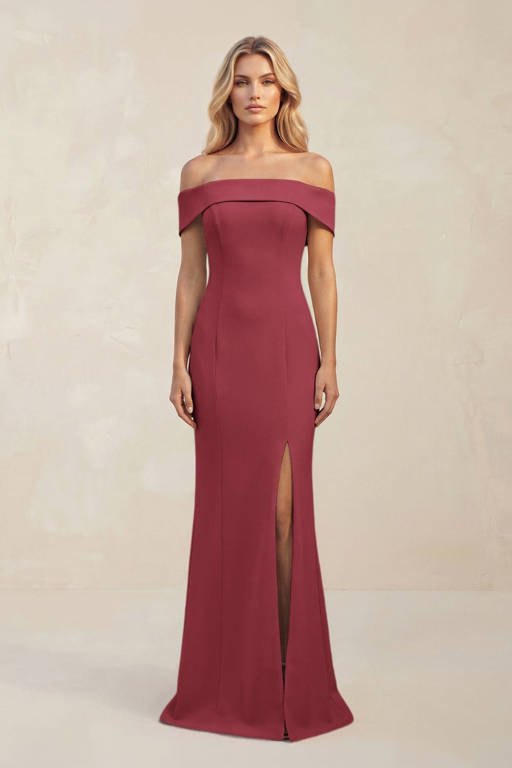 Sheath Off - the - Shoulder Satin Bridesmaid Dress With Slit in Merlot - KissProm Bridesmaid Dresses