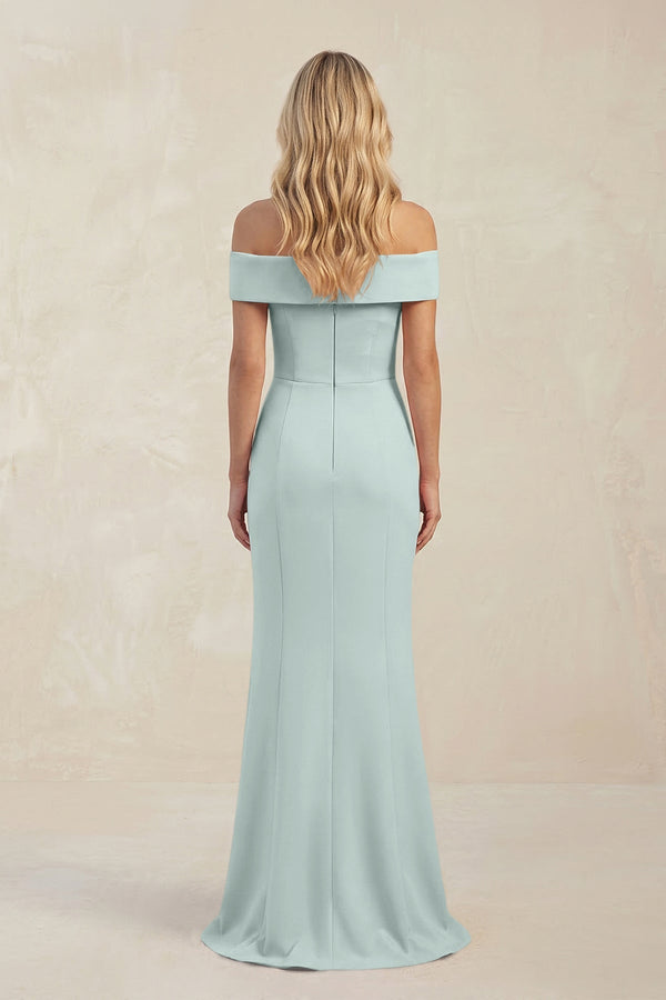Sheath Off - the - Shoulder Satin Bridesmaid Dress With Slit in Mist - KissProm Bridesmaid Dresses