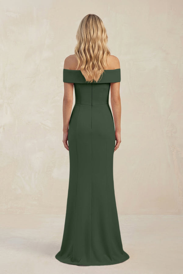 Sheath Off - the - Shoulder Satin Bridesmaid Dress With Slit in Moss - KissProm Bridesmaid Dresses